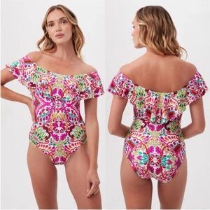 NEW Trina Turk Hawaiian Garden Off The Shoulder Ruffle One Piece Swimsuit Size 6